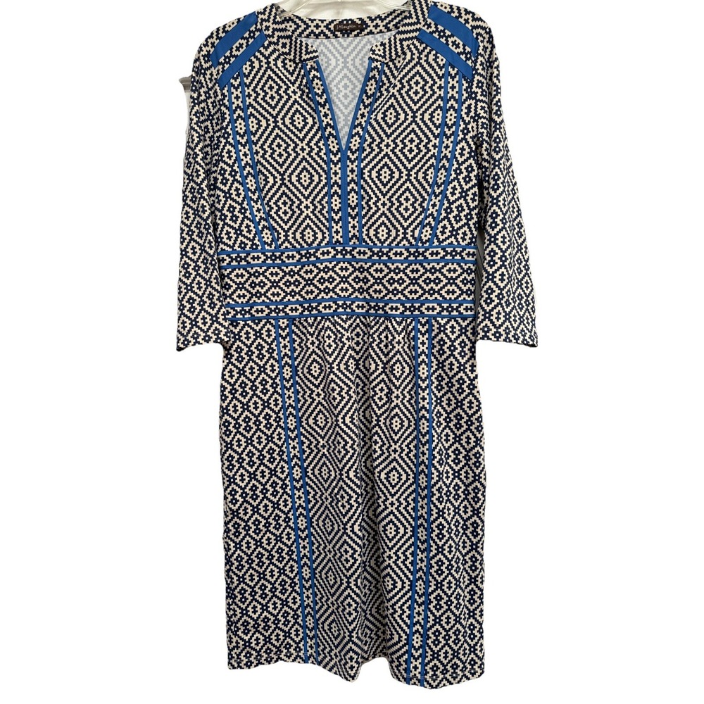 J. McLaughlin A Line V Neck 3/4 Sleeve Side Zip Dress Sz M Blue Geometric Nylon